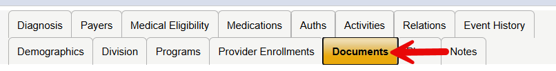 Harmony Member Record navigation tabs showing two rows of tabs including Diagnosis, Payers, Medical Eligibility, Medications, Auths, Activities, Relations, Event History, Demographics, Division, Programs, Provider Enrollments, with a red arrow pointing to the Documents tab.