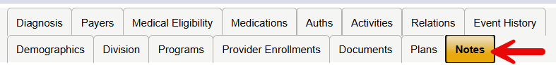 Harmony Member Record navigation tabs showing two rows of tabs including Diagnosis, Payers, Medical Eligibility, Medications, Auths, Activities, Relations, Event History, Demographics, Division, Programs, Provider Enrollments, Documents, Plans, with a red arrow pointing to the Notes tab.