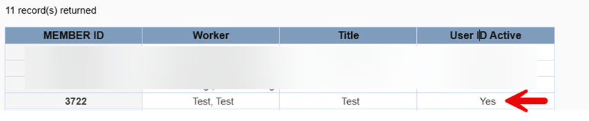 Worker search results table showing 11 record(s) returned, with columns for MEMBER ID, Worker, Title, and User ID Active. A red arrow points to “Yes” in the User ID Active column for a selected worker.