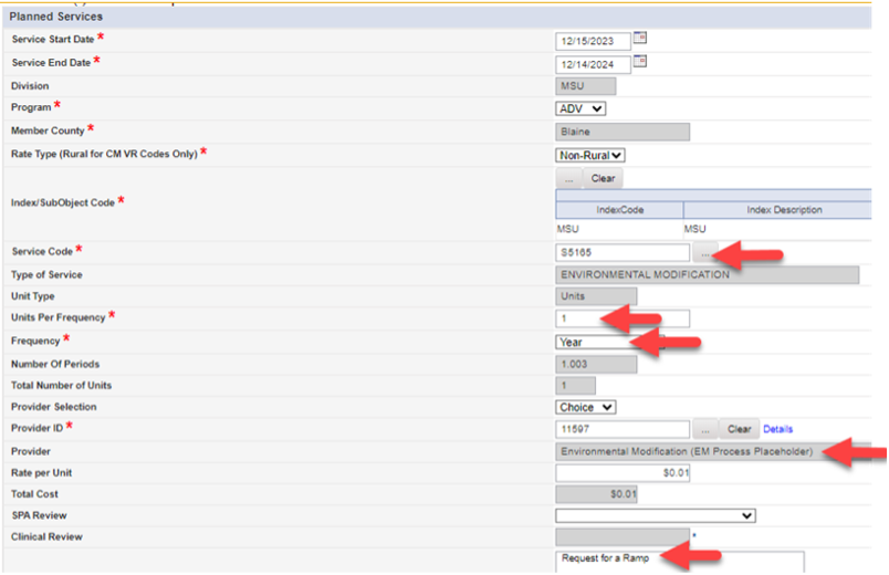 Planned Service form showing S5165 or S5165:U1 service line with Environmental Modification (EM Process Placeholder) provider selected, Units per Frequency set to 1, Frequency set to Yearly, and Comments field for item details