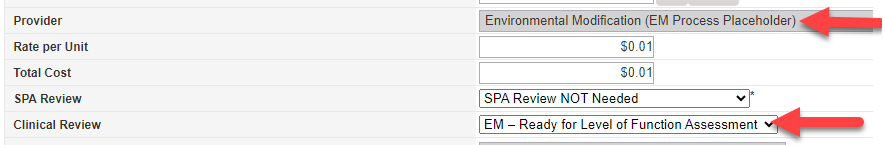 Planned Service line showing Clinical Review status set to EM - Ready for Level of Care Function and SPA Review line set to SPA Review NOT Needed
