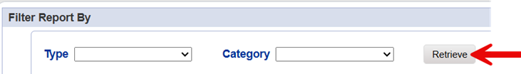Filter Report By section showing Type and Category dropdown fields with a red arrow pointing to the Retrieve button.