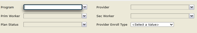 Report filter options showing example dropdown fields for Program, Provider, Prim Worker, Sec Worker, Plan Status, and Provider Enroll Type.