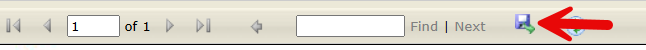 Report viewer toolbar showing page navigation controls, Find and Next buttons, and a red arrow pointing to the download/export icon.