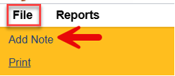 File menu expanded showing Add Note option highlighted