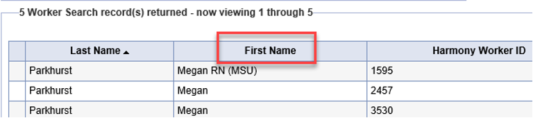 Worker search results showing existing worker records with agency names in First Name column