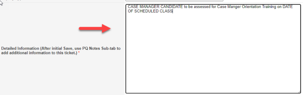Detailed Information field for entering candidate name and preferred training dates