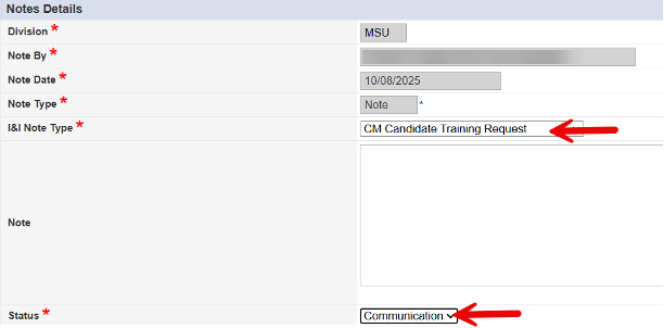 Notes Details with I&I Note Type and Status fields highlighted