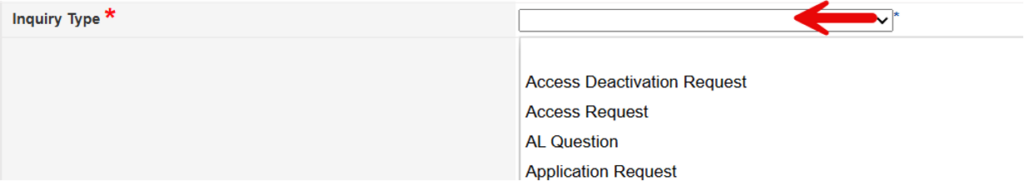 Inquiry Type dropdown showing available inquiry type options to select from