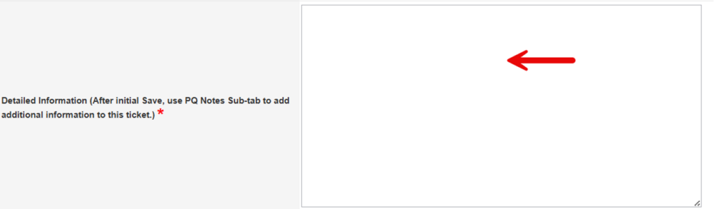 PQ form detail section for entering detailed information about the issue or question