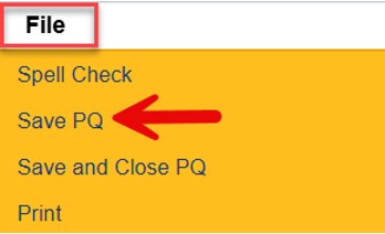 File menu expanded showing Save PQ option highlighted