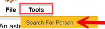 Tools menu expanded showing Search for Person option