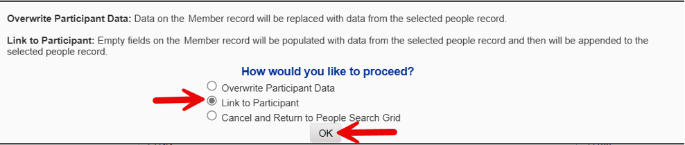 Link to Participant dialog with Link to Participant option selected and OK button