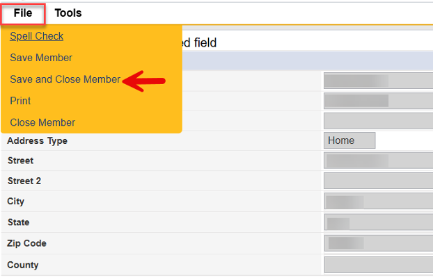 File menu expanded showing Save and Close Member option highlighted