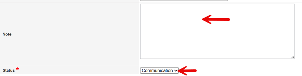 Note form showing Note field for additional details and Status dropdown with Communication option