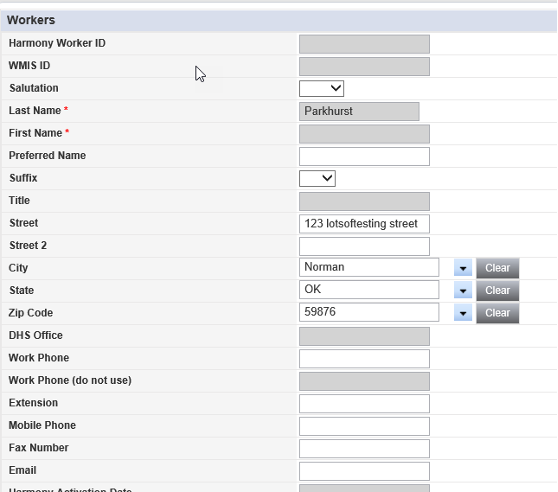 New Worker Record form showing required First Name and Supervisor fields plus optional phone and email fields