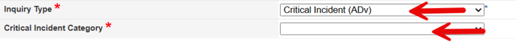Inquiry Type dropdown showing Critical Incident options and Critical Incident Category field