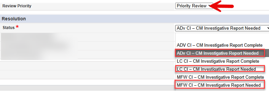 PQ form showing Review Priority set to Priority Review and Status dropdown with CM Investigative Report Needed options