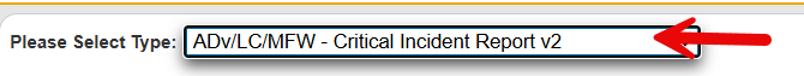 Documentation type selection showing ADv/LC/MFW - Critical Incident Report option