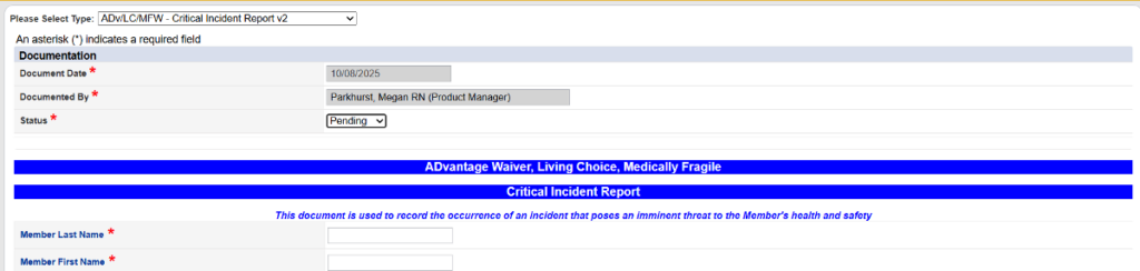 Critical Incident Report form with fields for entering incident information