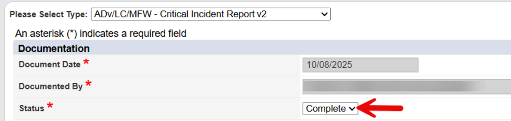 Documentation header showing Status dropdown with Complete option to be selected