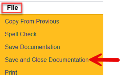 File menu expanded showing Save and Close Documentation option highlighted