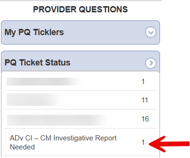 My Harmony Chapter showing Provider Questions column with ADV CI - CM Investigative Report Needed ticket status