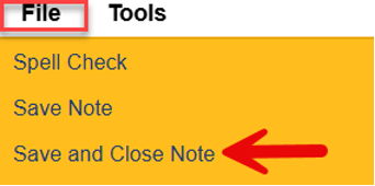 File menu expanded showing Save and Close Note option highlighted