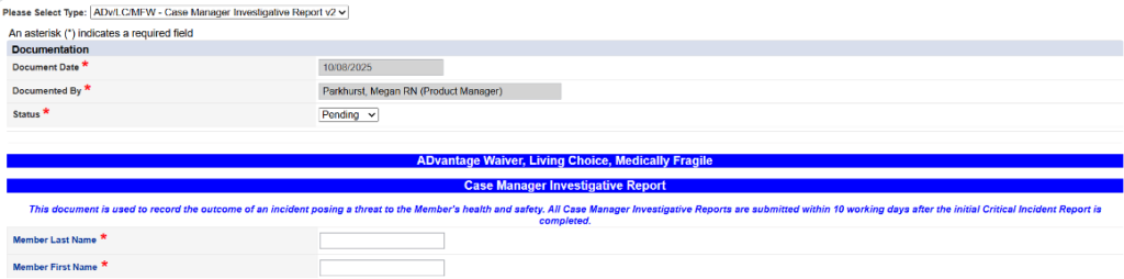 Case Manager Investigative Report form with fields for entering investigation information