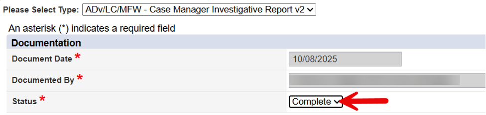 Documentation header showing Status dropdown with Complete option to be selected