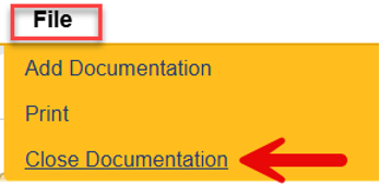 File menu expanded showing Close Documentation option to exit the PQ Ticket