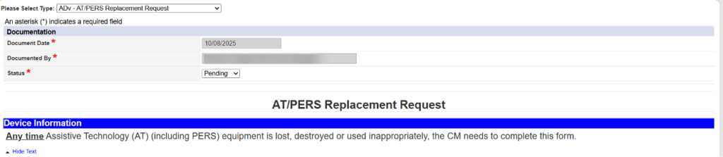 AT/PERS Replacement Request form with fields for entering replacement request information