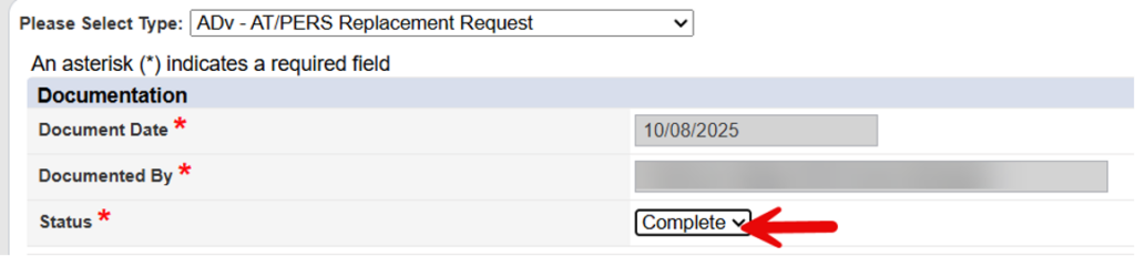 Documentation header showing Status dropdown with Complete option to be selected