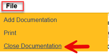 File menu expanded showing Close Documentation option to exit the PQ Ticket