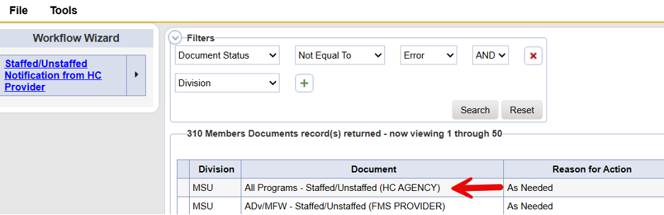 Workflow Wizard showing document list with specific document to be selected for review
