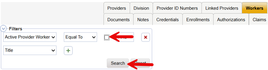 Workers Tab filter area showing Active checkbox unchecked and Search button to display inactivated records
