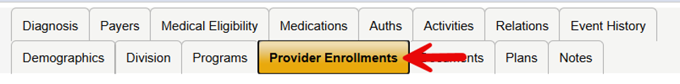 Member Record tabs showing Provider Enrollments Tab highlighted