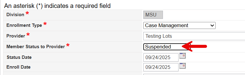 Provider Enrollment form showing Member Status to Provider dropdown with Suspended option to be selected