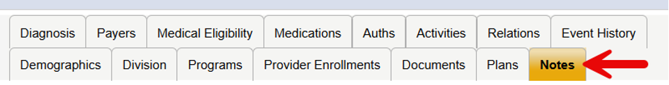 Member Record tabs showing Notes Tab highlighted
