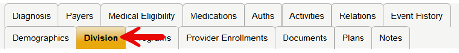 Member Record tabs showing Division Tab highlighted