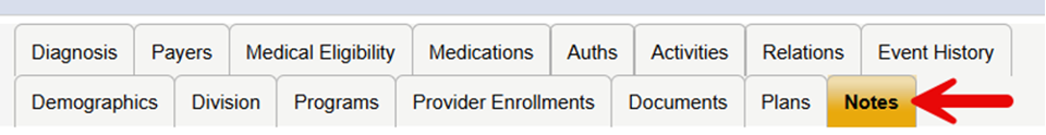Member Record tabs showing Notes Tab highlighted for Non-Case Manager navigation