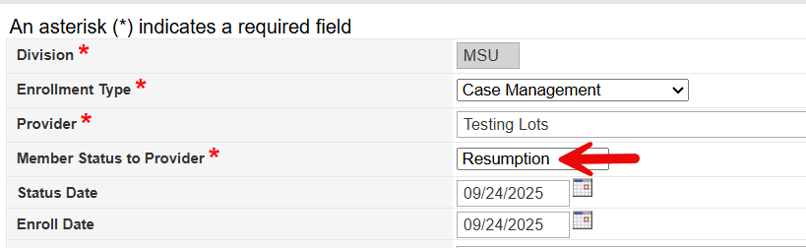 Provider Enrollment form showing Member Status to Provider dropdown with Resumption option to be selected