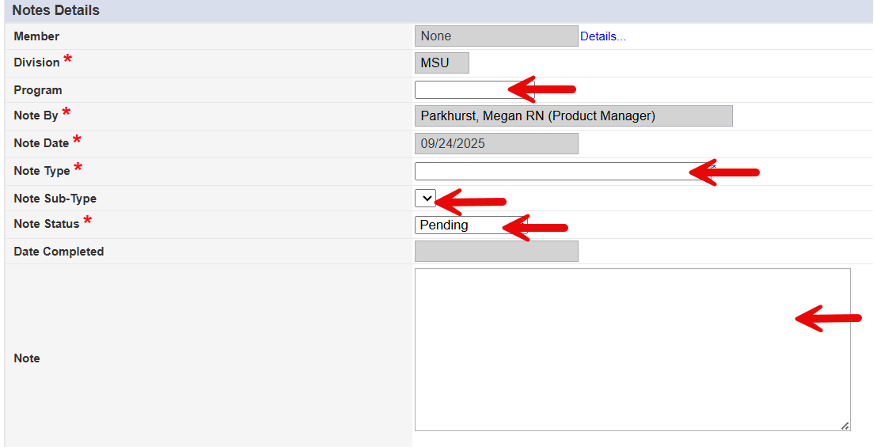 Add Notes form showing Program, Note Type, Note Sub-Type, Note Status dropdown fields and Note details text area