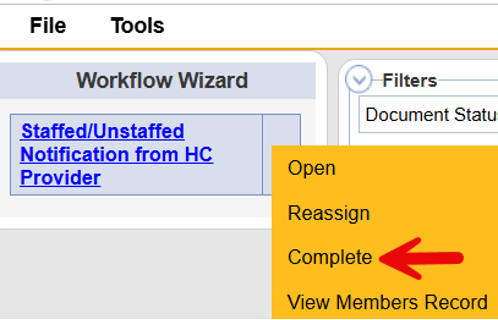 Tickler dropdown menu showing Complete option to acknowledge receipt of the document