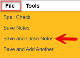 File menu expanded showing Save and Close Notes option highlighted