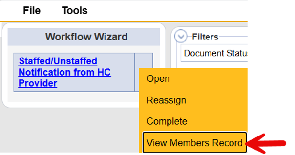 Tickler dropdown menu showing View Members Record option to navigate to the Member Record