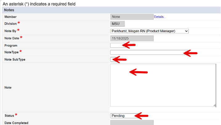 Add Note form showing Program, Note Type, Note Sub-Type, Note Status dropdown fields and Note details text area