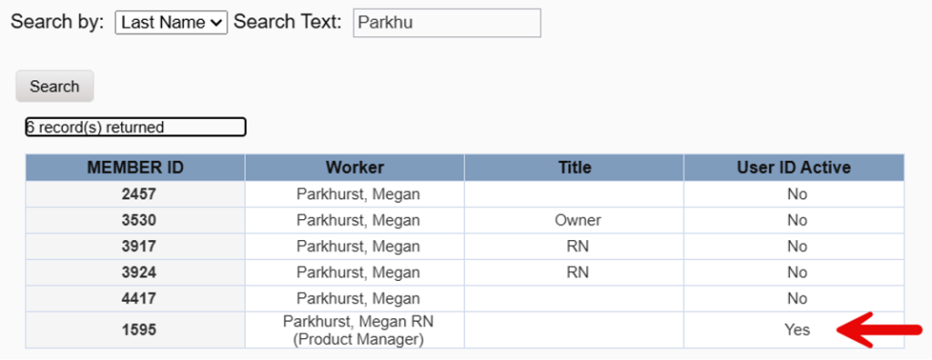 Worker search results table showing worker records with User ID Action column that must be set to Yes