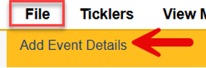 File menu expanded showing Add Event Details option highlighted