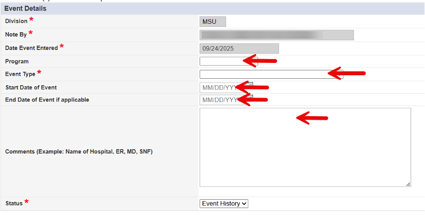 Add Event Details form showing Program, Event Type, Start Date, End Date fields and Comments text area